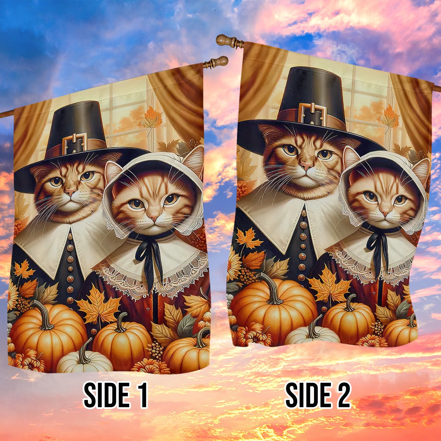 Thanksgiving Cat Garden Flag & House Flag, Kitty Couple Thankful Season Outdoor Decor, Yard Decor Gift For Cat Lovers