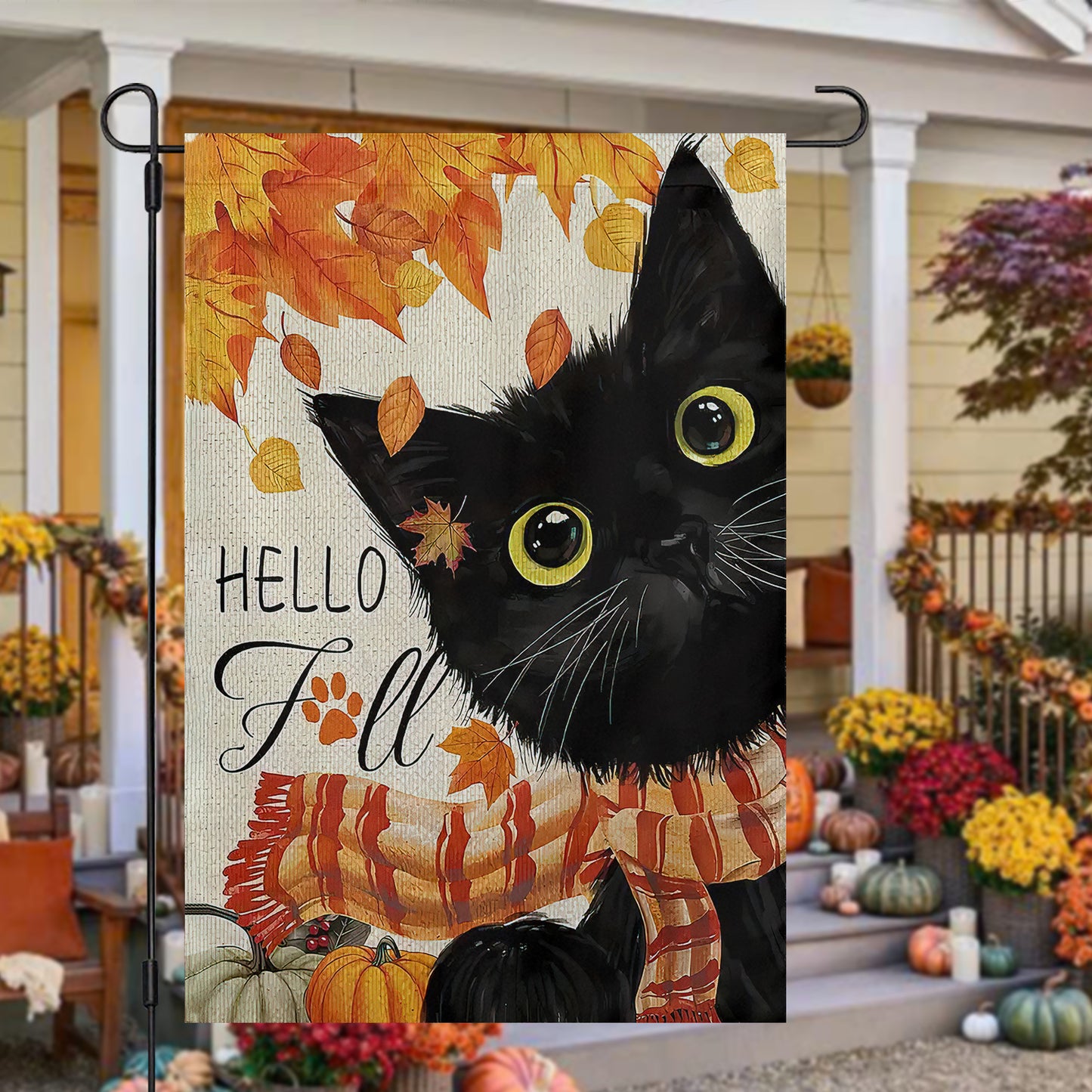 Cute Thanksgiving Cat Garden Flag & House Flag, Black Kitty Hello Fall Outdoor Decor, Yard Decor Gift For Cat Lovers