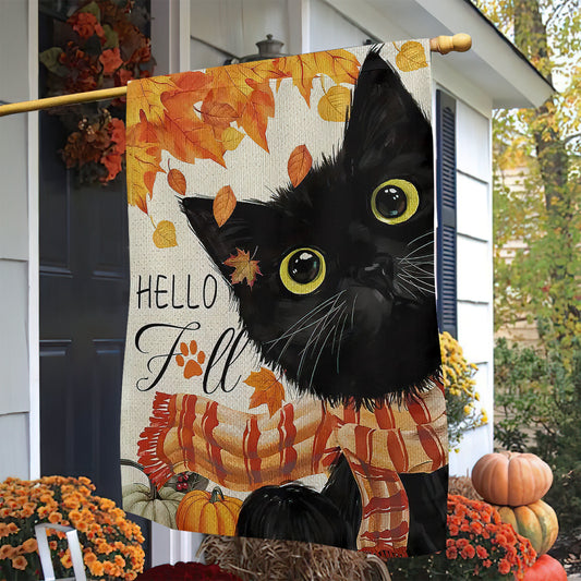 Cute Thanksgiving Cat Garden Flag & House Flag, Black Kitty Hello Fall Outdoor Decor, Yard Decor Gift For Cat Lovers