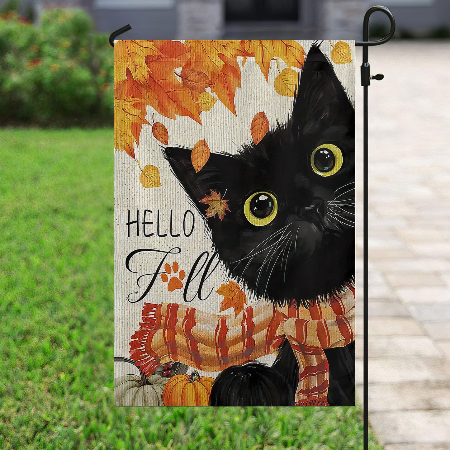 Cute Thanksgiving Cat Garden Flag & House Flag, Black Kitty Hello Fall Outdoor Decor, Yard Decor Gift For Cat Lovers