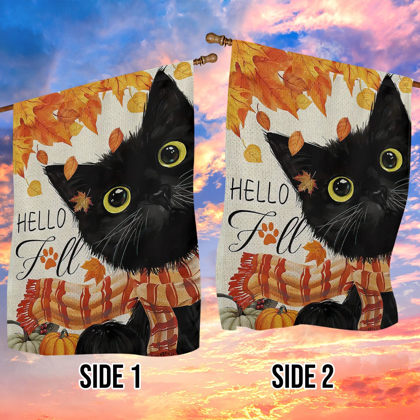 Cute Thanksgiving Cat Garden Flag & House Flag, Black Kitty Hello Fall Outdoor Decor, Yard Decor Gift For Cat Lovers