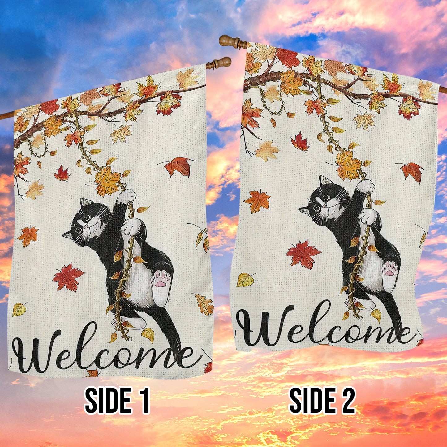 Cute Thanksgiving Cat Garden Flag & House Flag, Welcome Kitty Climbing Outdoor Decor, Yard Decor Gift For Cat Lovers