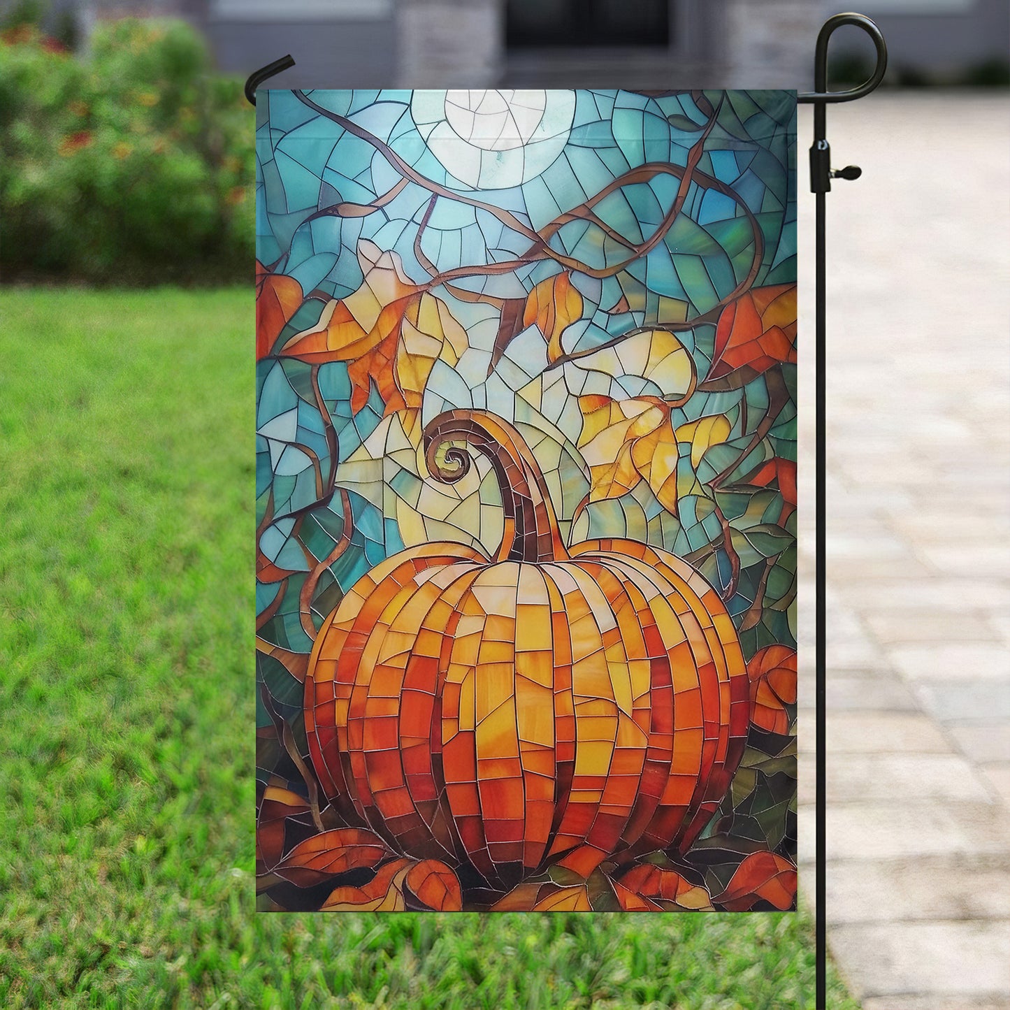 Thanksgiving Garden Flag & House Flag, Autumn Pumpkin Stained Glass Thankful Season Outdoor Decor, Yard Decor Gift For Thankful Lovers