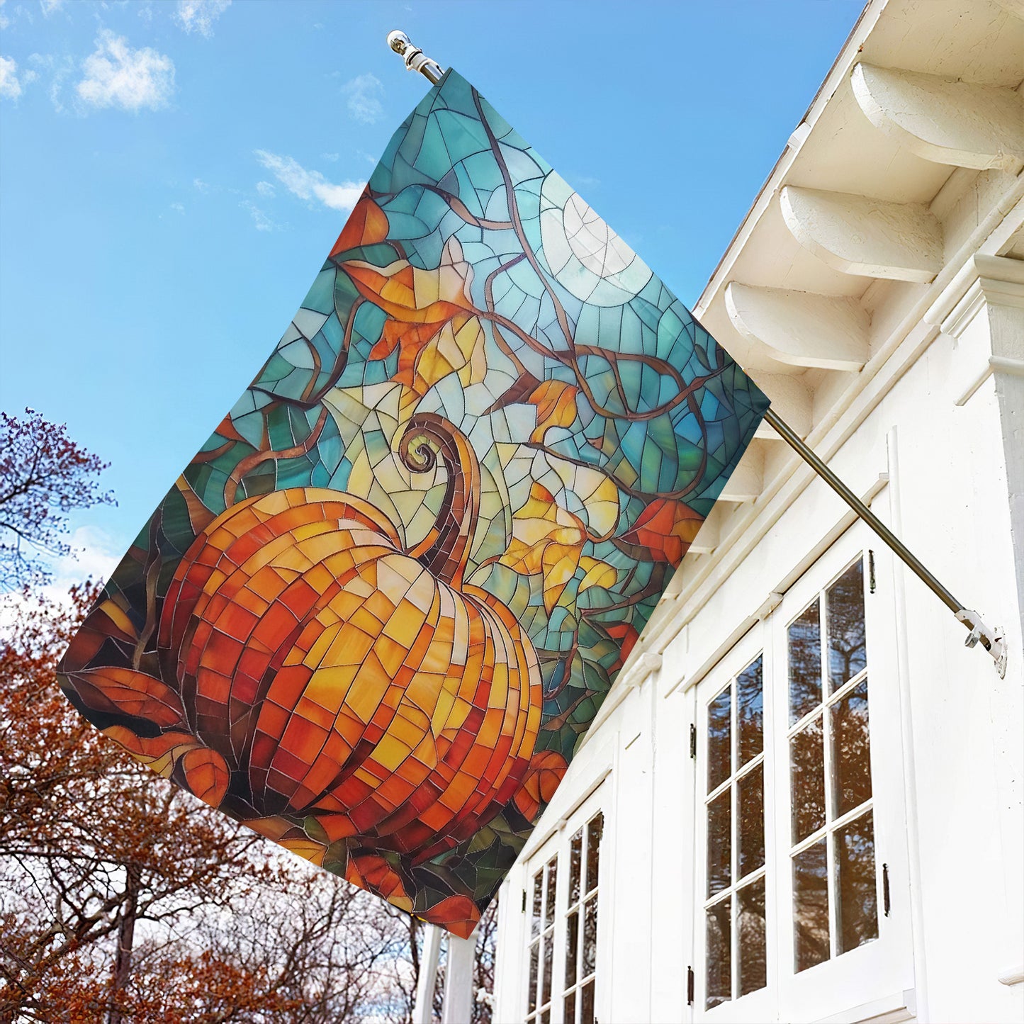 Thanksgiving Garden Flag & House Flag, Autumn Pumpkin Stained Glass Thankful Season Outdoor Decor, Yard Decor Gift For Thankful Lovers