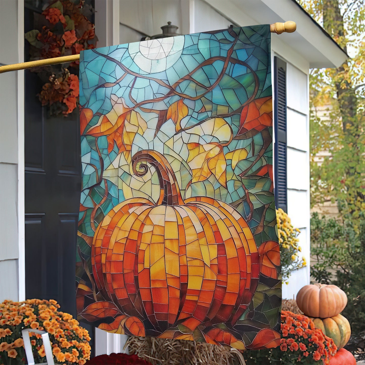 Thanksgiving Garden Flag & House Flag, Autumn Pumpkin Stained Glass Thankful Season Outdoor Decor, Yard Decor Gift For Thankful Lovers