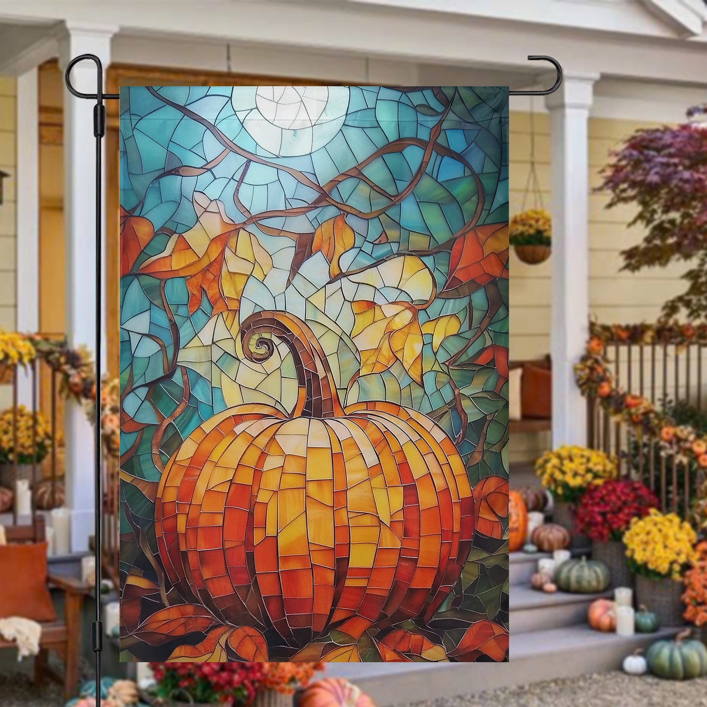 Thanksgiving Garden Flag & House Flag, Autumn Pumpkin Stained Glass Thankful Season Outdoor Decor, Yard Decor Gift For Thankful Lovers