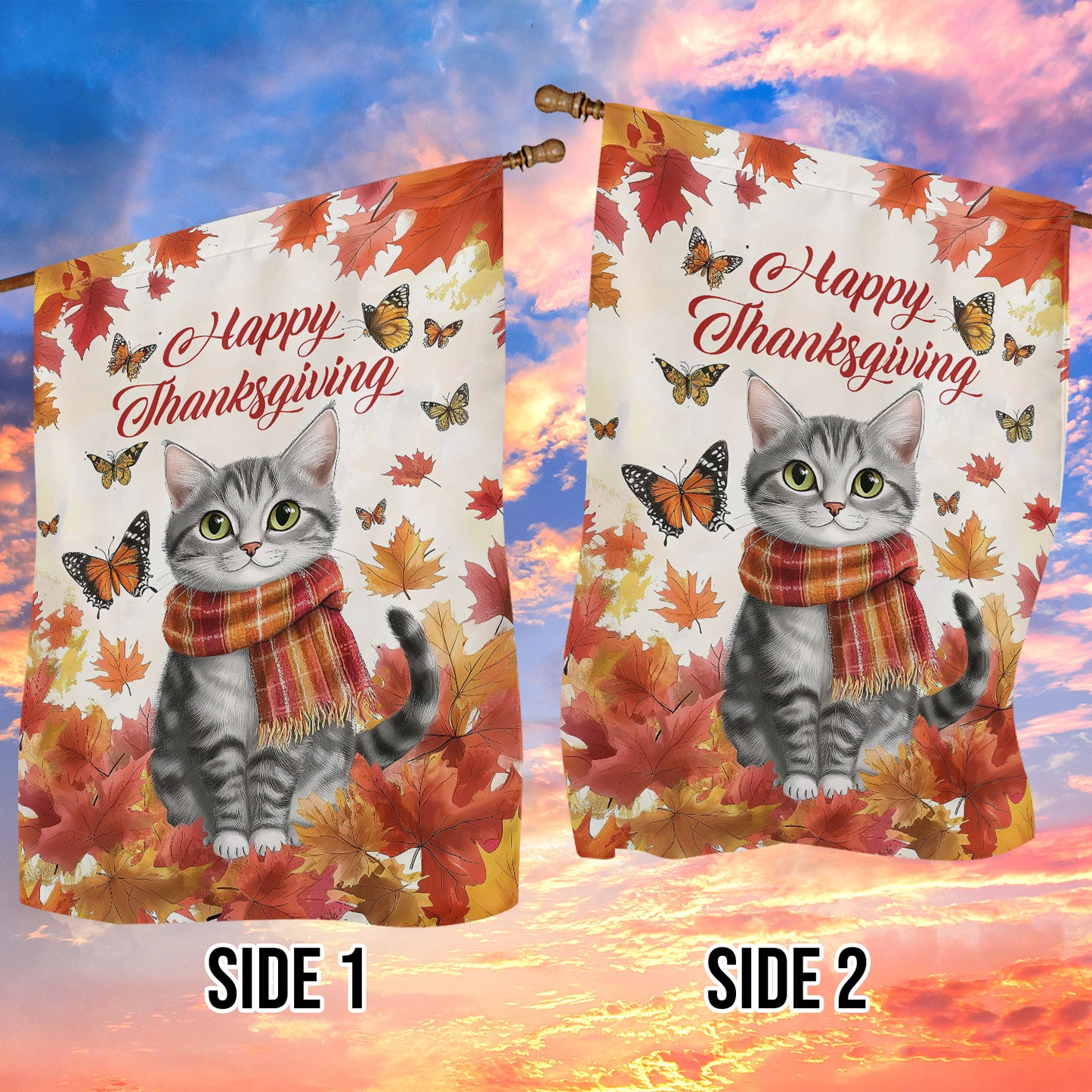 Cute Thanksgiving Cat Garden Flag & House Flag, Happy Thanksgiving Outdoor Decor, Yard Decor Gift For Cat Lovers