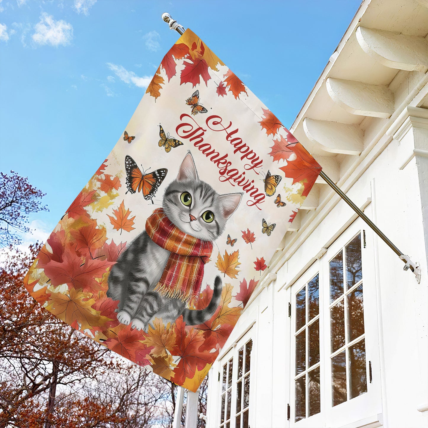 Cute Thanksgiving Cat Garden Flag & House Flag, Happy Thanksgiving Outdoor Decor, Yard Decor Gift For Cat Lovers