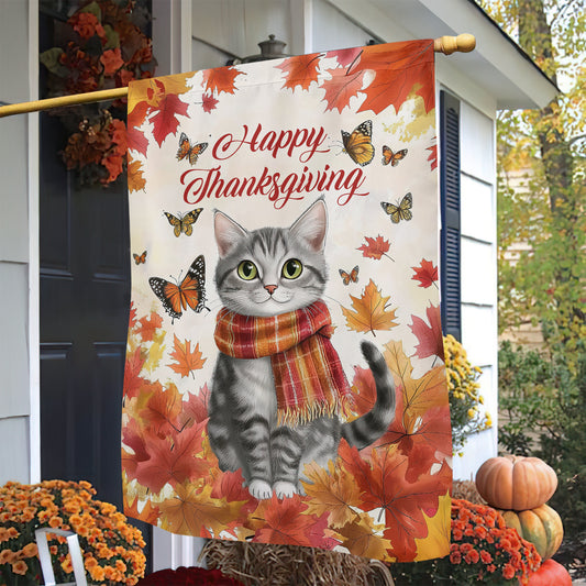 Cute Thanksgiving Cat Garden Flag & House Flag, Happy Thanksgiving Outdoor Decor, Yard Decor Gift For Cat Lovers