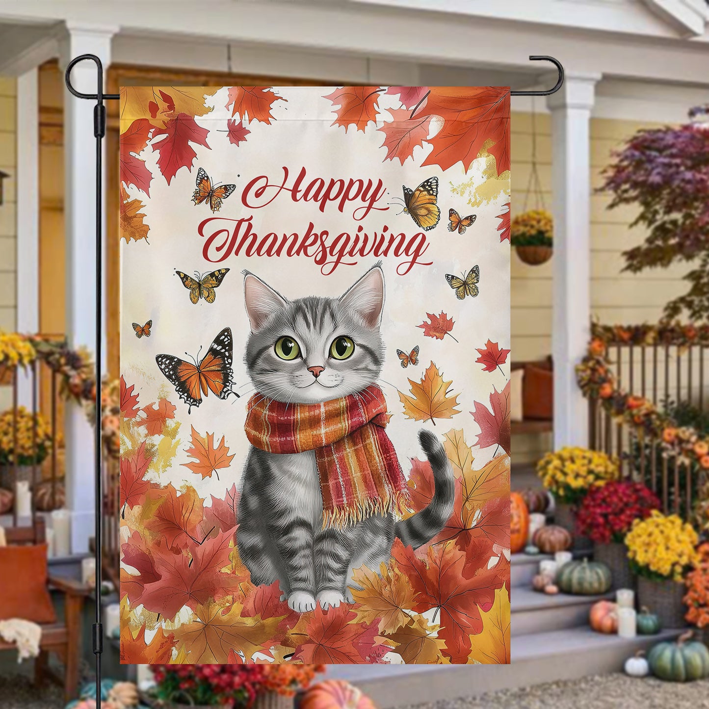 Cute Thanksgiving Cat Garden Flag & House Flag, Happy Thanksgiving Outdoor Decor, Yard Decor Gift For Cat Lovers