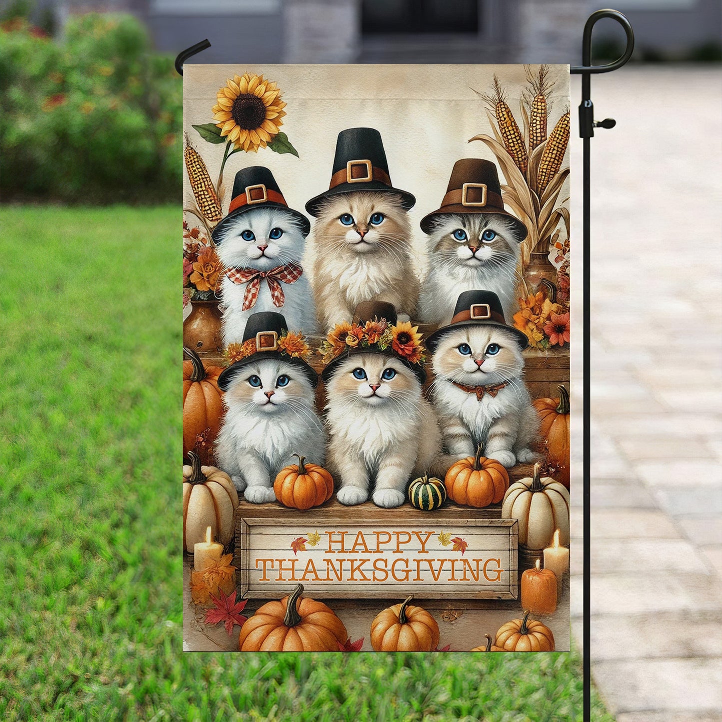 Thanksgiving Cat Garden Flag & House Flag, Thankful Outdoor Decor, Yard Decor Gift For Cat Lovers