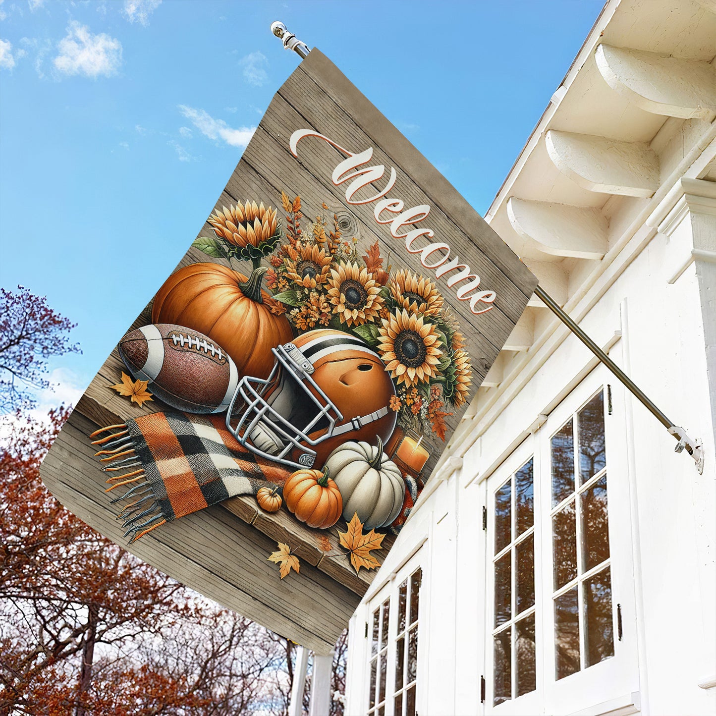 Thanksgiving Football Garden Flag & House Flag, Welcome Thankful Outdoor Decor, Autumn Yard Decor Gift For Football Lovers