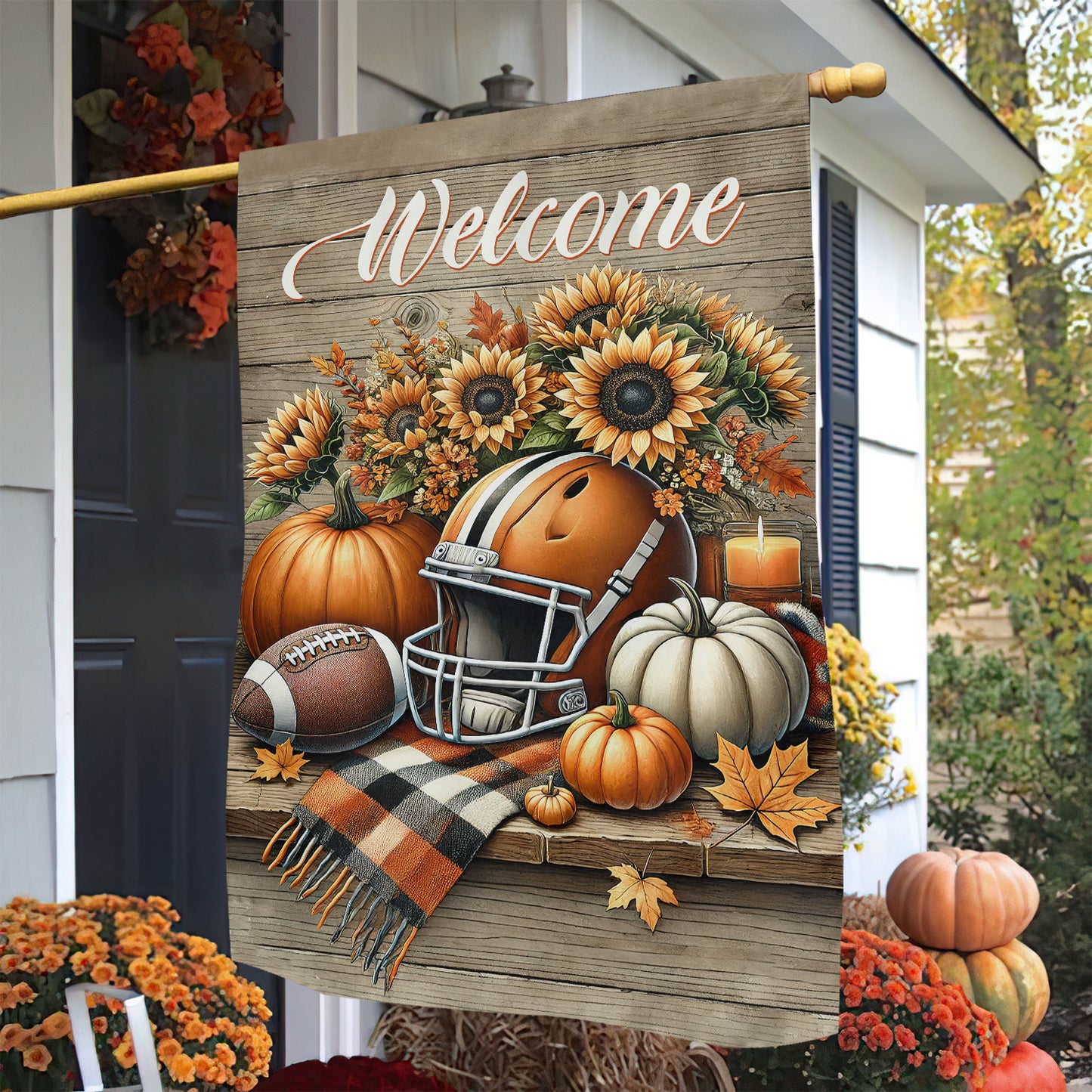 Thanksgiving Football Garden Flag & House Flag, Welcome Thankful Outdoor Decor, Autumn Yard Decor Gift For Football Lovers