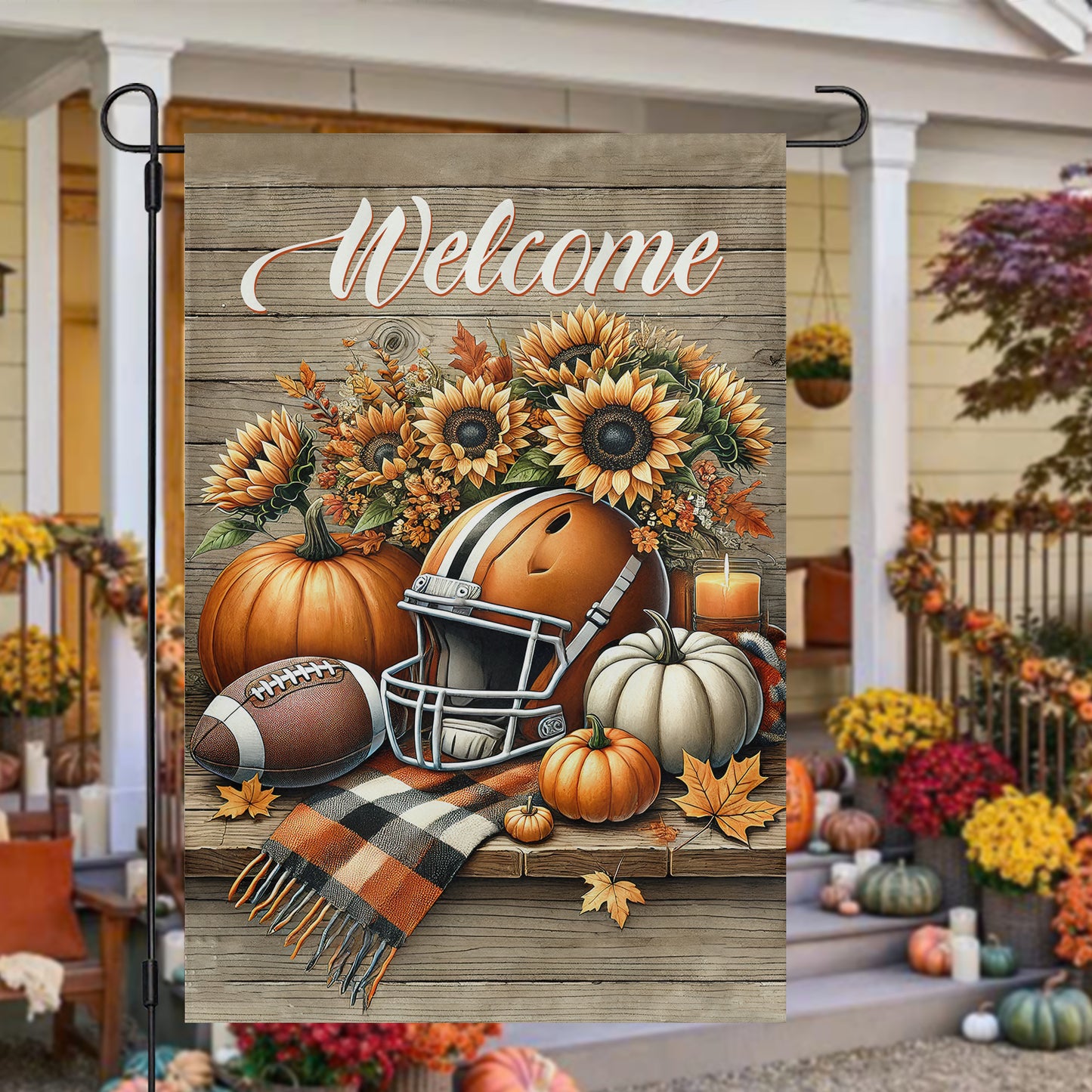 Thanksgiving Football Garden Flag & House Flag, Welcome Thankful Outdoor Decor, Autumn Yard Decor Gift For Football Lovers