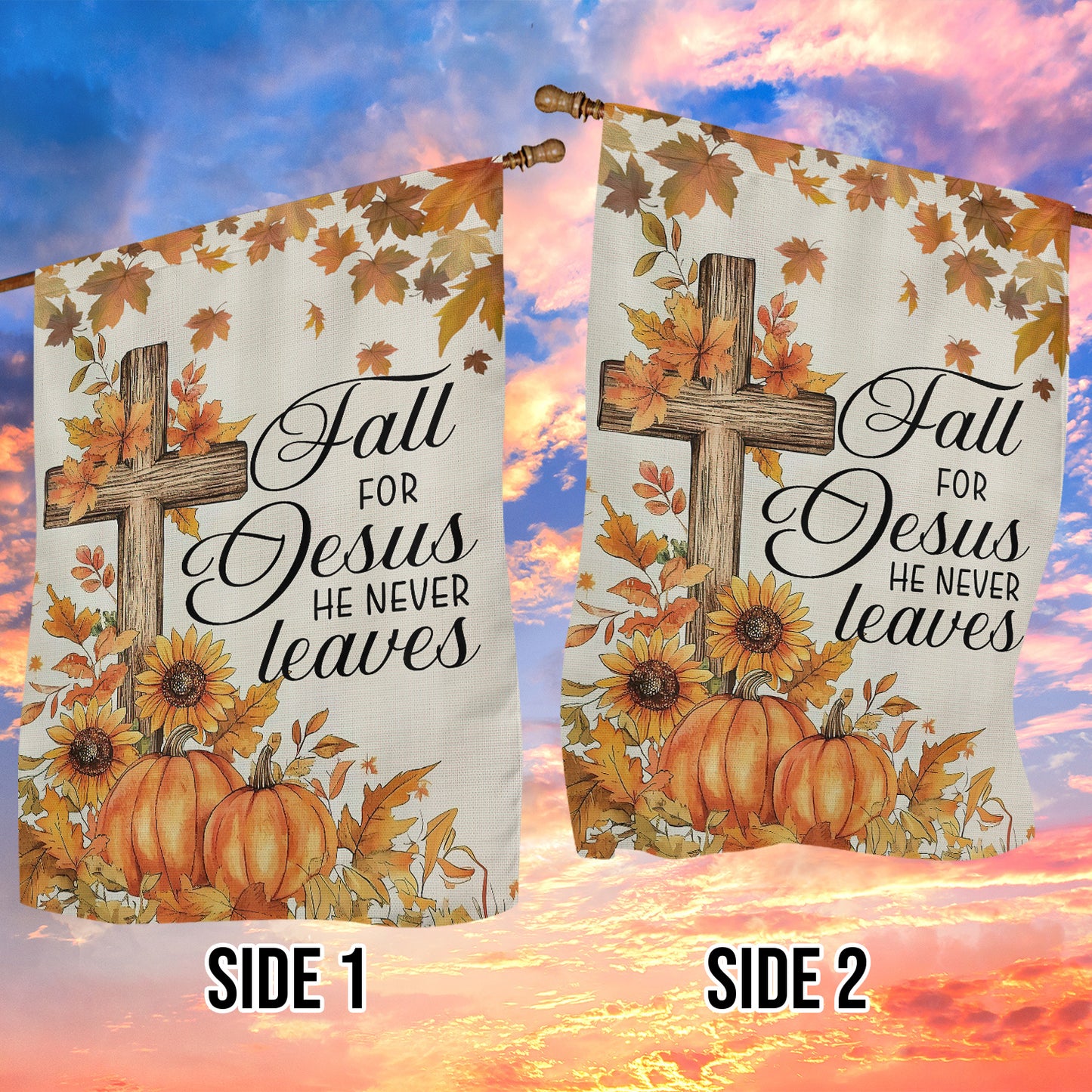 Thanksgiving Garden Flag & House Flag, Jesus He Never Leaves, Thankful Outdoor Decor, Autumn Yard Decor Gift