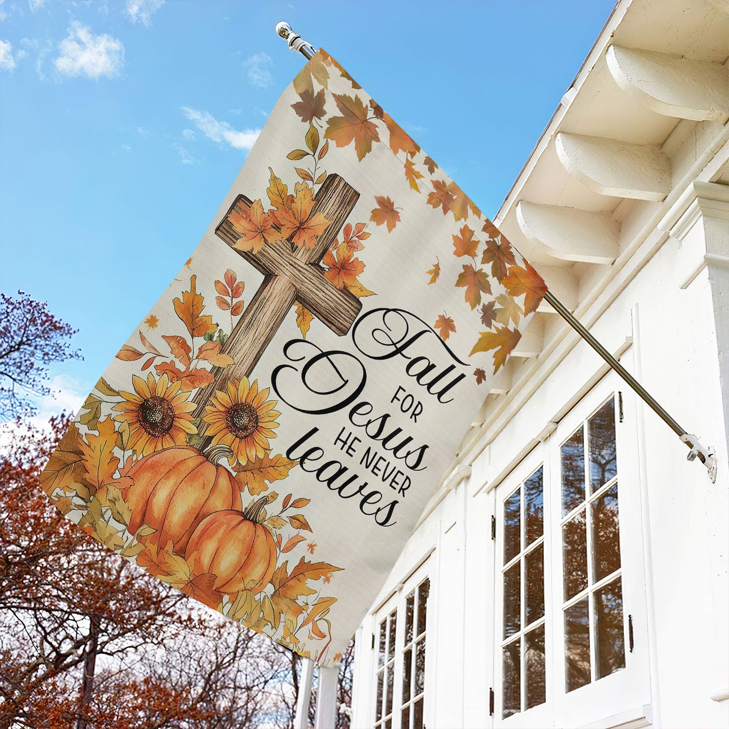 Thanksgiving Garden Flag & House Flag, Jesus He Never Leaves, Thankful Outdoor Decor, Autumn Yard Decor Gift