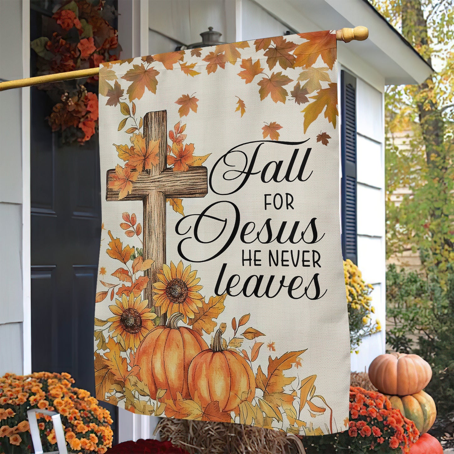 Thanksgiving Garden Flag & House Flag, Jesus He Never Leaves, Thankful Outdoor Decor, Autumn Yard Decor Gift