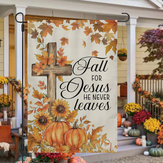 Thanksgiving Garden Flag & House Flag, Jesus He Never Leaves, Thankful Outdoor Decor, Autumn Yard Decor Gift