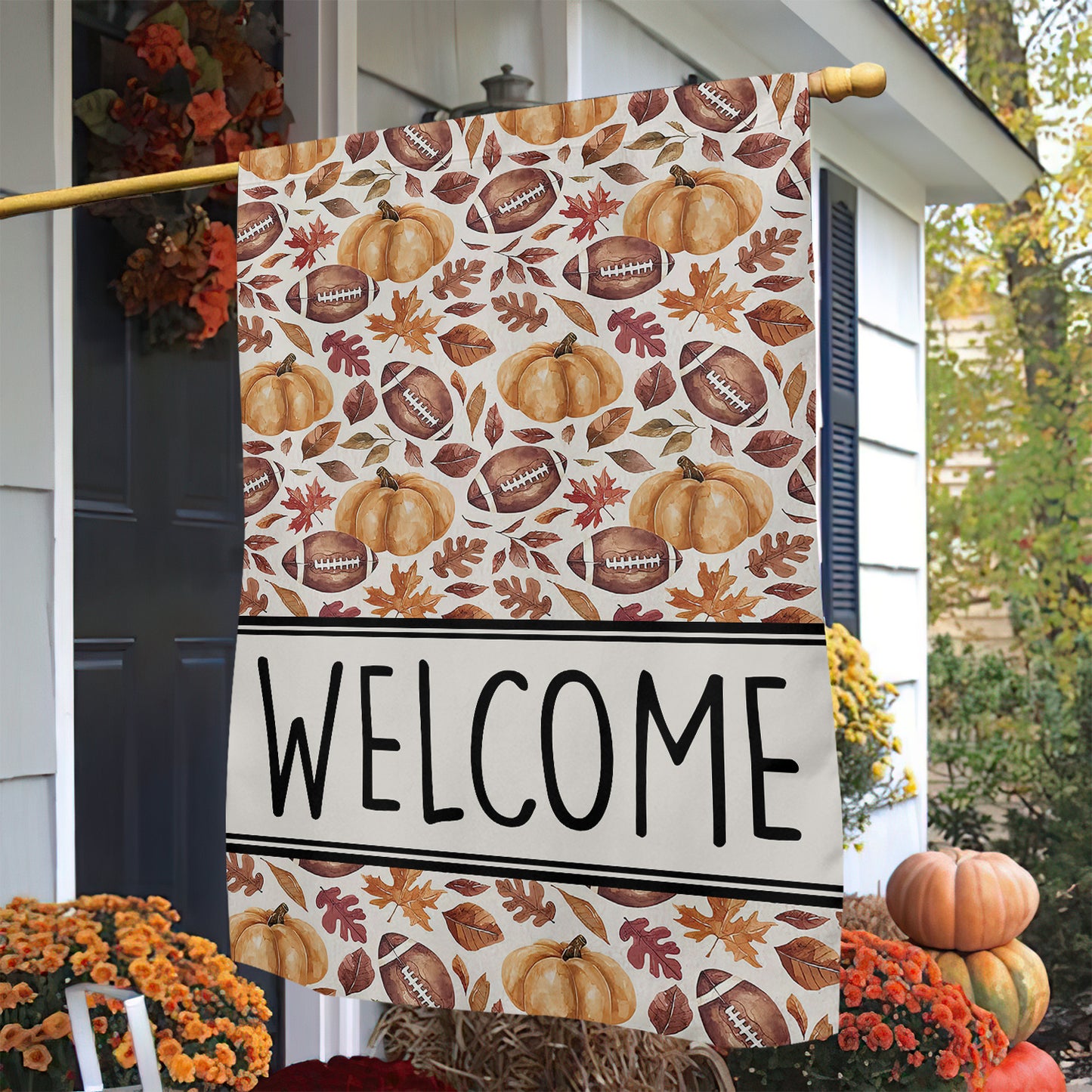 Thanksgiving Football Garden Flag & House Flag, Welcome Pumpkin Thankful Outdoor Decor, Autumn Yard Decor Gift For Football Lovers