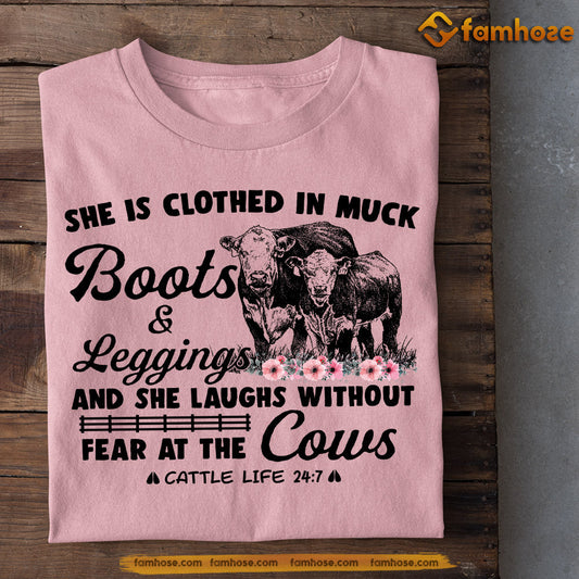 Cow T-shirt, She Is Clothed In Muck Boots Leggings, Gift For Cow Lovers, Cow Tees