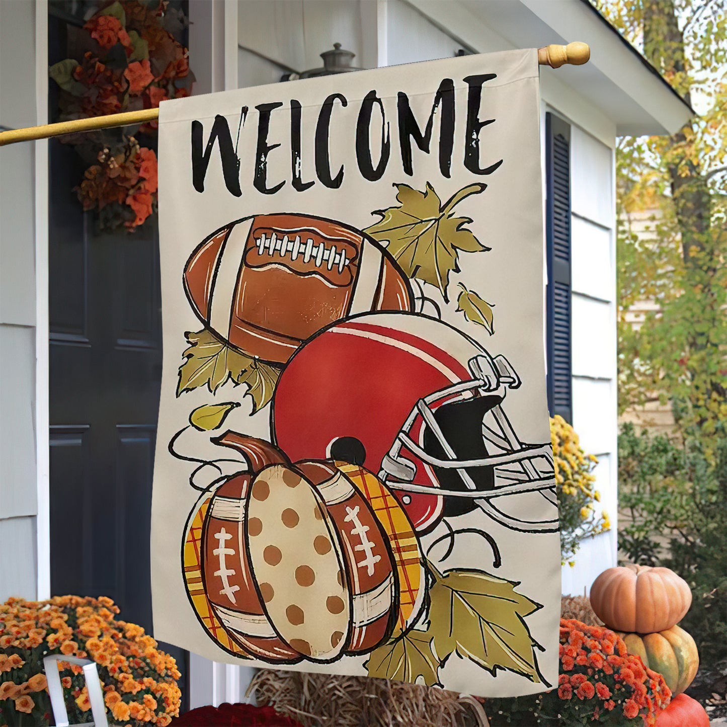 Interesting Football Thanksgiving Garden Flag & House Flag, Welcome Thankful Season Outdoor Decor, Yard Decor Gift For Football Lovers