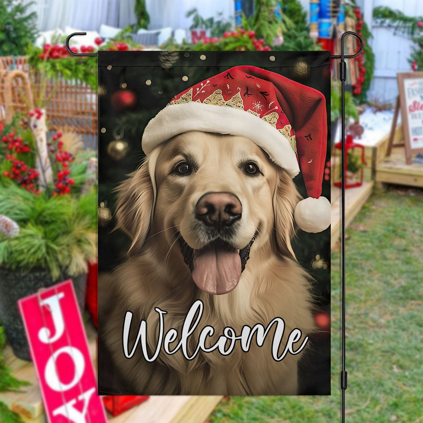 Welcome Golden Retriever Dog Wearing Hat, Golden Retriever Xmas Garden Flag & House Flag, Christmas Flag Gift For Golden Retriever Dog Lovers