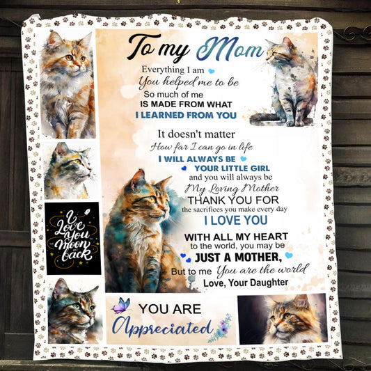 Mother's Day Cat Blanket, To My Mom To Me You're The World Love You Fleece Blanket - Sherpa Blanket Gift For Cat Lovers, Gift For Moms From Daughters