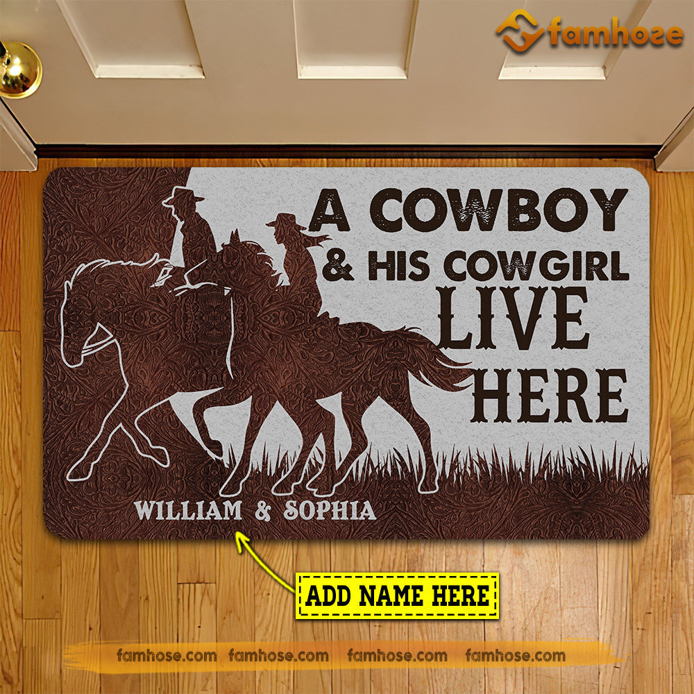 Personalized Cowboy Doormat, A Cowboy His Cowgirl Live Here Gift For Horse Lovers, New Home Gift, Housewarming Gift, Horse Decor