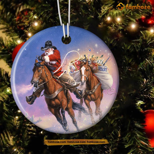 Christmas Horse Ornament, Santa Claus Riding Horse Bring Gifts For Kids Gift For Horse Lovers, Circle Ceramic Ornament