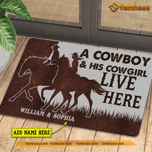 Personalized Cowboy Doormat, A Cowboy His Cowgirl Live Here Gift For Horse Lovers, New Home Gift, Housewarming Gift, Horse Decor