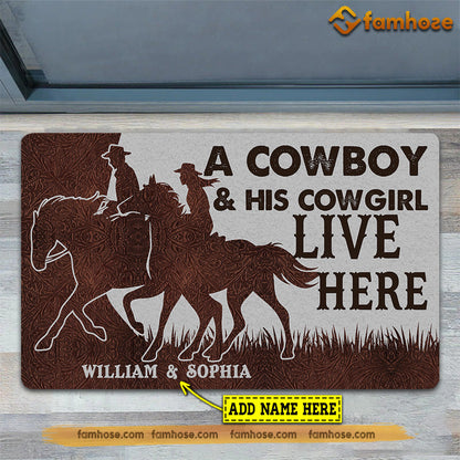 Personalized Cowboy Doormat, A Cowboy His Cowgirl Live Here Gift For Horse Lovers, New Home Gift, Housewarming Gift, Horse Decor