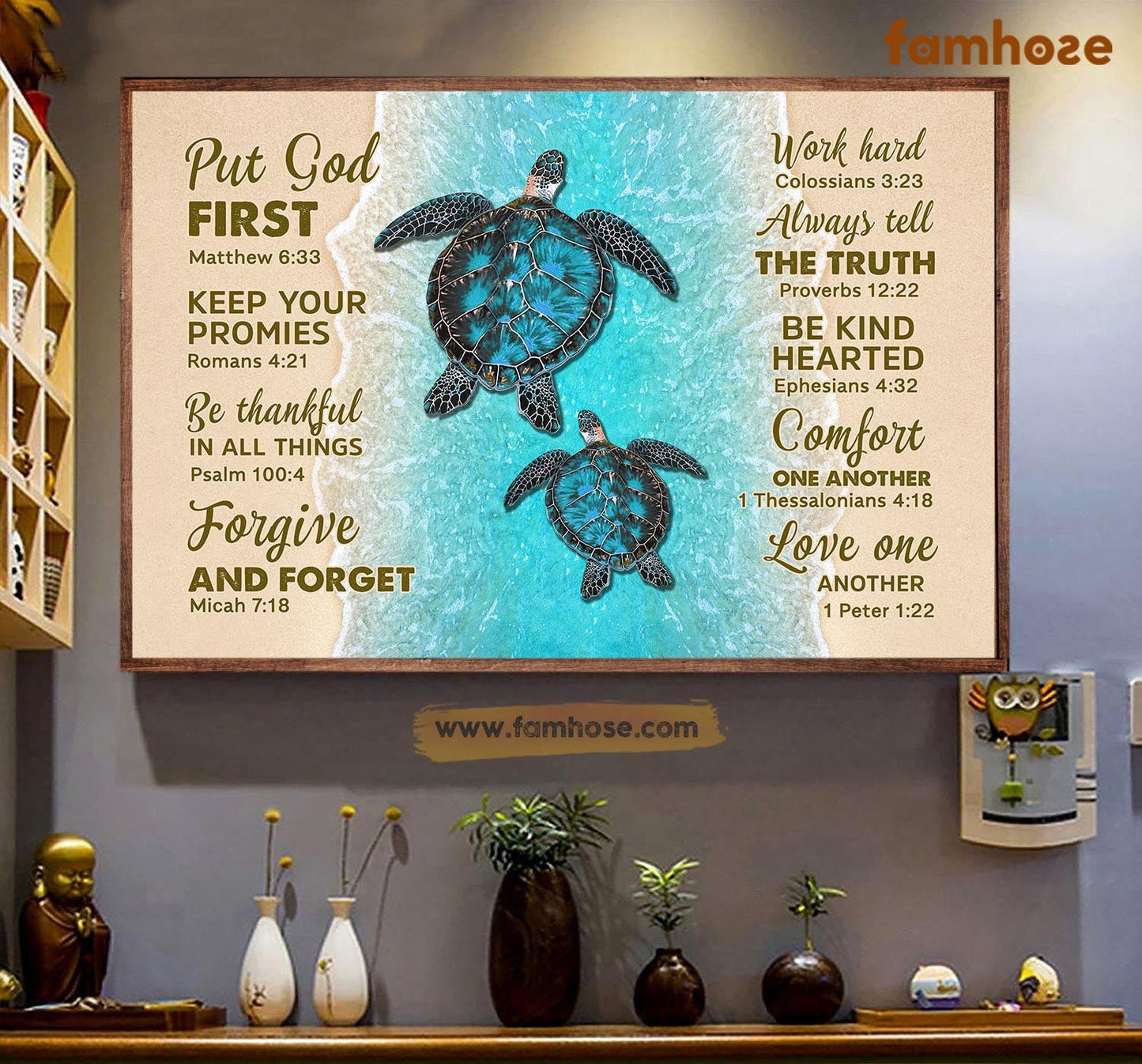 Turtle Poster & Canvas, Put God First Be Thankful In All Things Forgive Forget, Turtle Canvas Wall Art, Poster Gift For Turtle Lovers