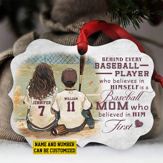 Personalized Baseball BoyChristmas Ornament, Baseball Mom Who Believed In Him First, Xmas Aluminum Ornament Gift For Son From Mom