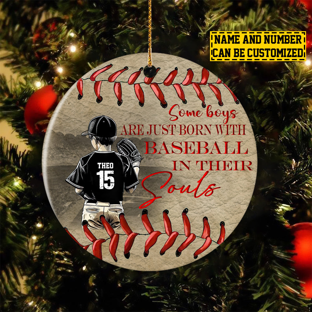 Personalized Baseball Boy Christmas Ornament, Some Boys Are Just Born With, Xmas Circle Ceramic Ornament Gift For Baseball Lovers