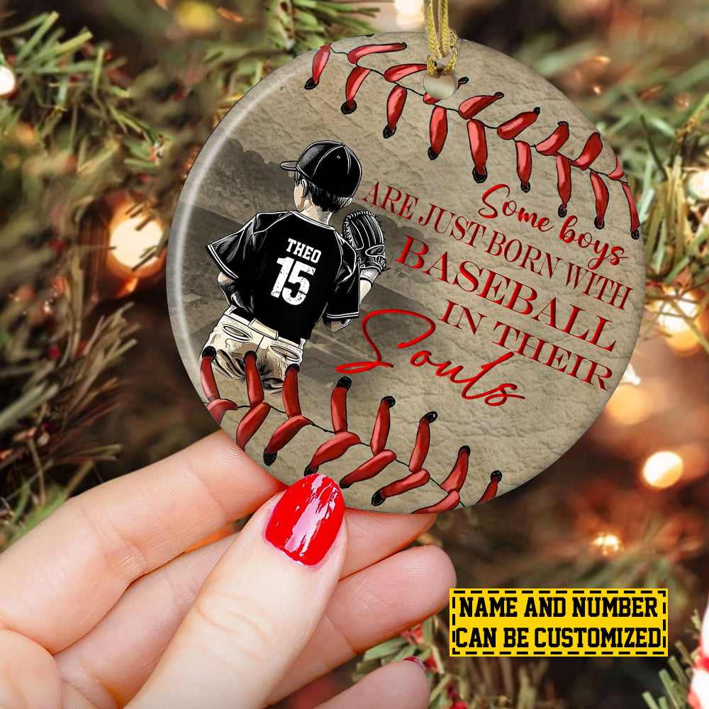 Personalized Baseball Boy Christmas Ornament, Some Boys Are Just Born With, Xmas Circle Ceramic Ornament Gift For Baseball Lovers