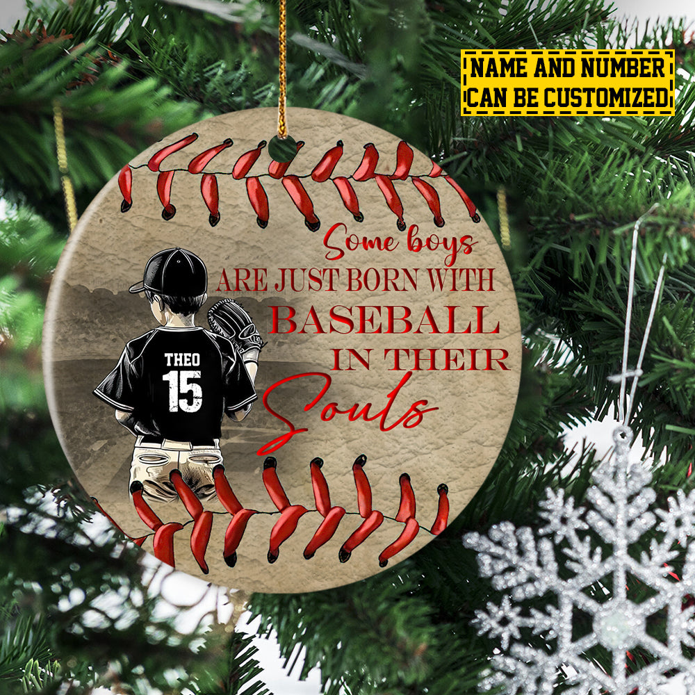 Personalized Baseball Boy Christmas Ornament, Some Boys Are Just Born With, Xmas Circle Ceramic Ornament Gift For Baseball Lovers