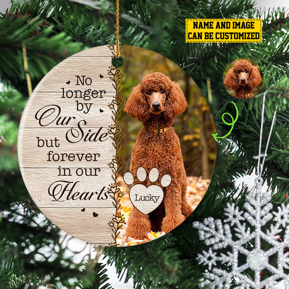 Personalized Dog Christmas Ornament, No Longer Bye Our Side But, Xmas Circle Ceramic Ornament Gift For Dog Lovers