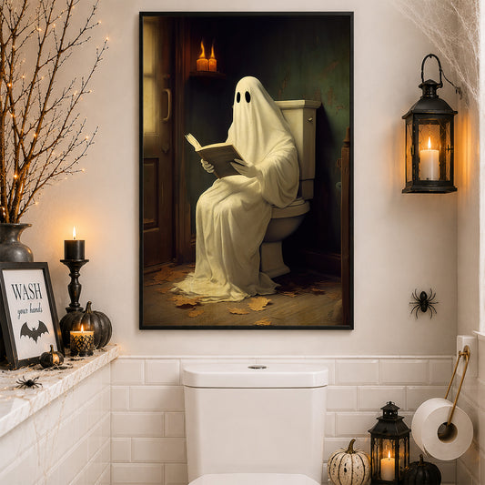 Vintage Ghost In Toilet Reading Book Canvas Art Print - Dark Gothic Boo Ghost In Bathroom Halloween Restroom Wall Decor