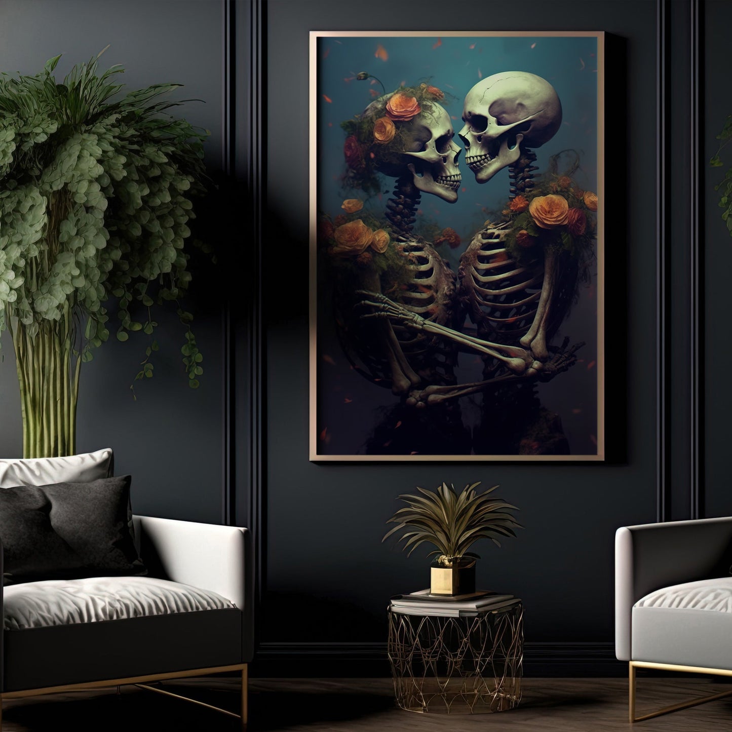 The Romantic Couple Skeleton Gothic Portrait, Skull Canvas Painting, Love Wall Art Decor - Skull Poster Gift