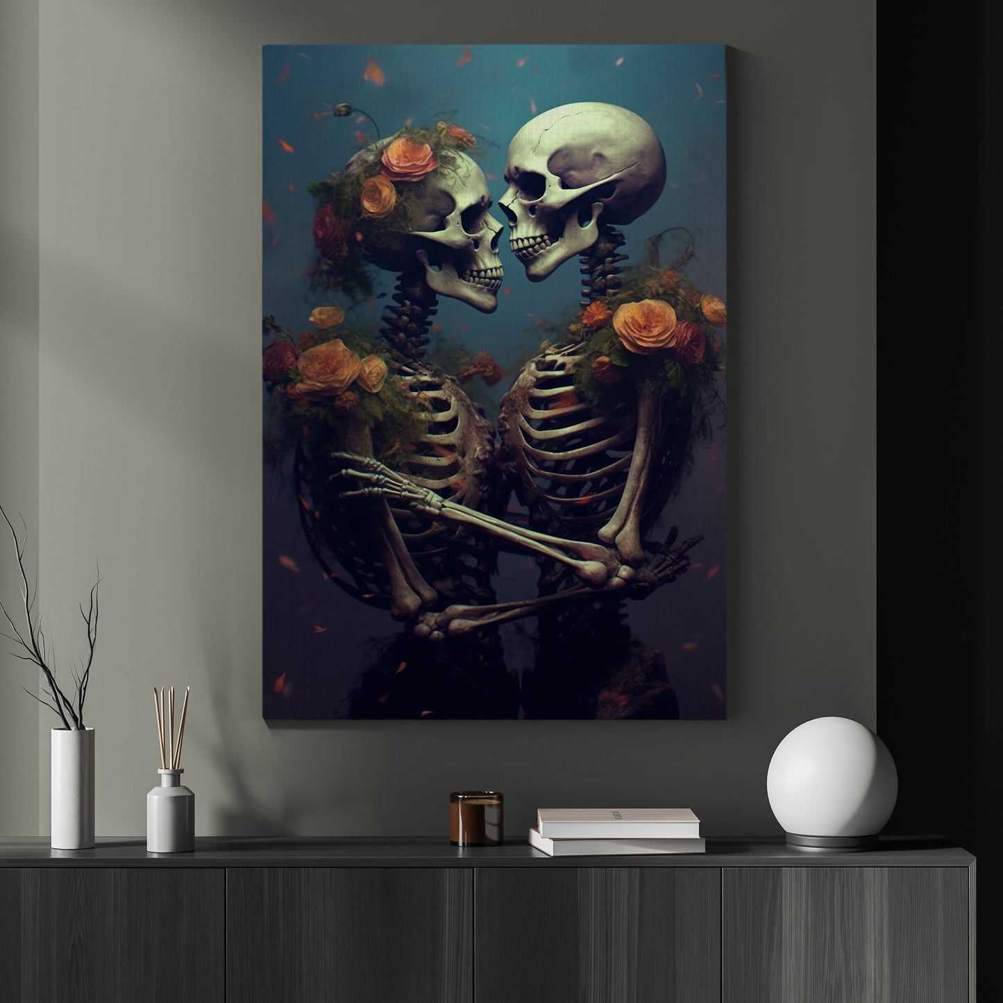 The Romantic Couple Skeleton Gothic Portrait, Skull Canvas Painting, Love Wall Art Decor - Skull Poster Gift