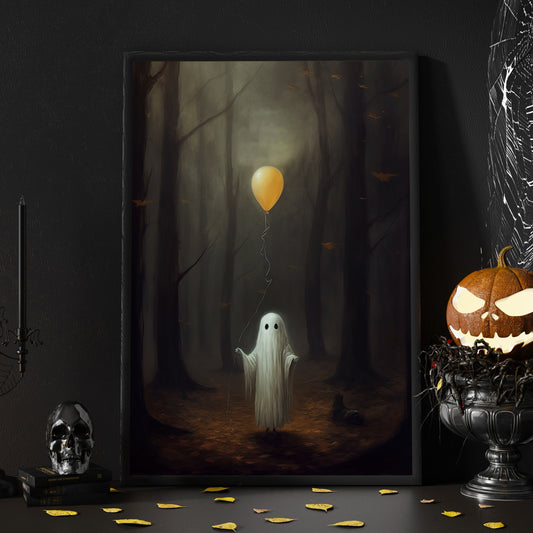 Baby Ghost Hold Balloon Halloween Canvas Painting, Wall Art Decor - Dark Ghost Halloween Poster Gift