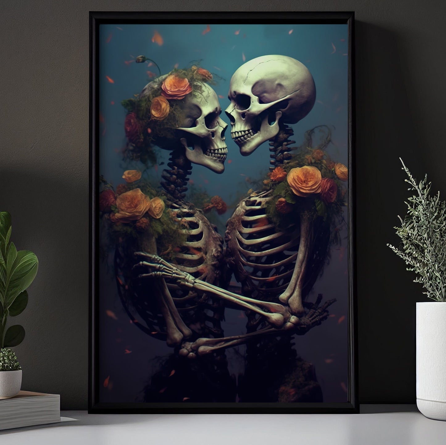 The Romantic Couple Skeleton Gothic Portrait, Skull Canvas Painting, Love Wall Art Decor - Skull Poster Gift