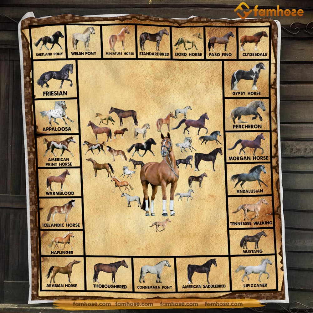 Horse Blanket, Many Kind Of Horse Arrange Heart Fleece Blanket - Sherpa Blanket Gift For Horse Lover