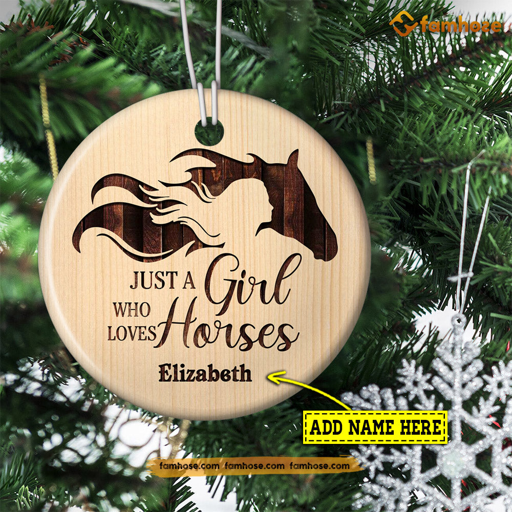 Christmas Horse Ornament, Just A Girl Who Loves Horses Gift For Horse Lovers, Personalized Custom Circle Ceramic Ornament