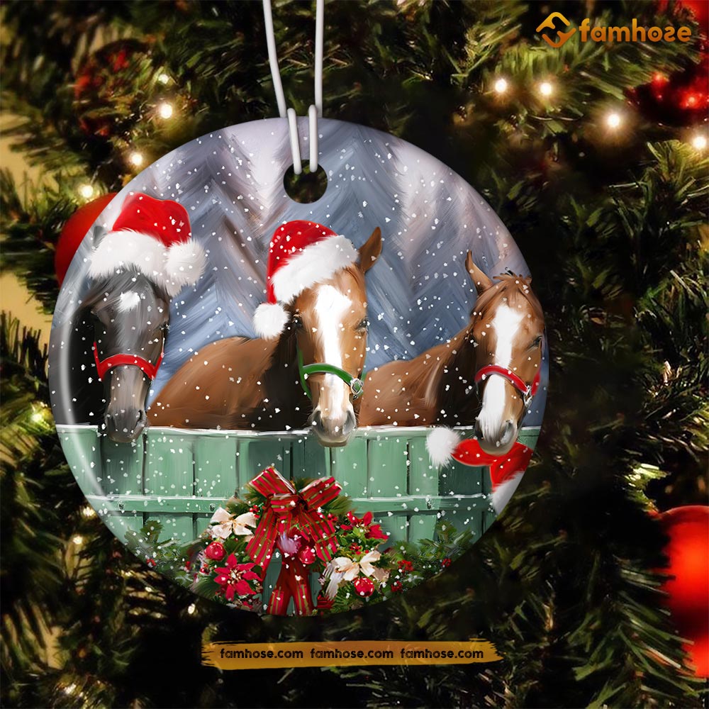 Christmas Horse Ornament, Horses In The Barn Gift For Horse Lovers, Circle Ceramic Ornament