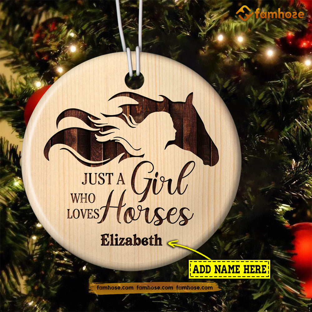 Christmas Horse Ornament, Just A Girl Who Loves Horses Gift For Horse Lovers, Personalized Custom Circle Ceramic Ornament
