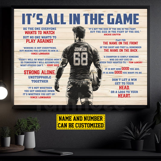 Personalized Motivational Rugby Boy Canvas Painting, It's All In The Game, Sports Quotes Wall Art Decor, Poster Gift For Rugby Lovers