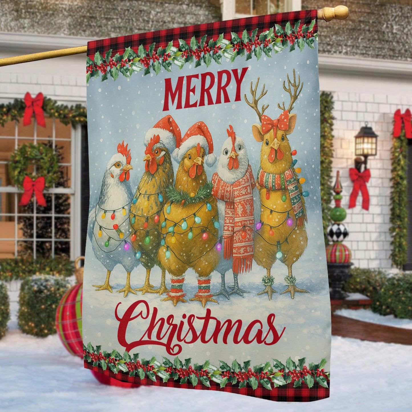 Funny Christmas Chicken Garden & House Flag, Merry Christmas Yard Flag, Xmas Gift For Chicken Lovers