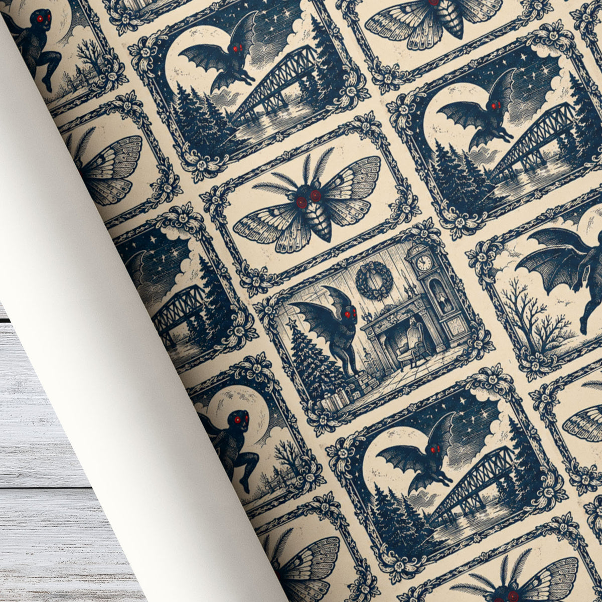 Vintage Christmas Mothman Cryptid Wrapping Paper, Merry Mothman Christmas Wrapping Paper Rolls, Xmas Gift Wrap For Mothman Lover