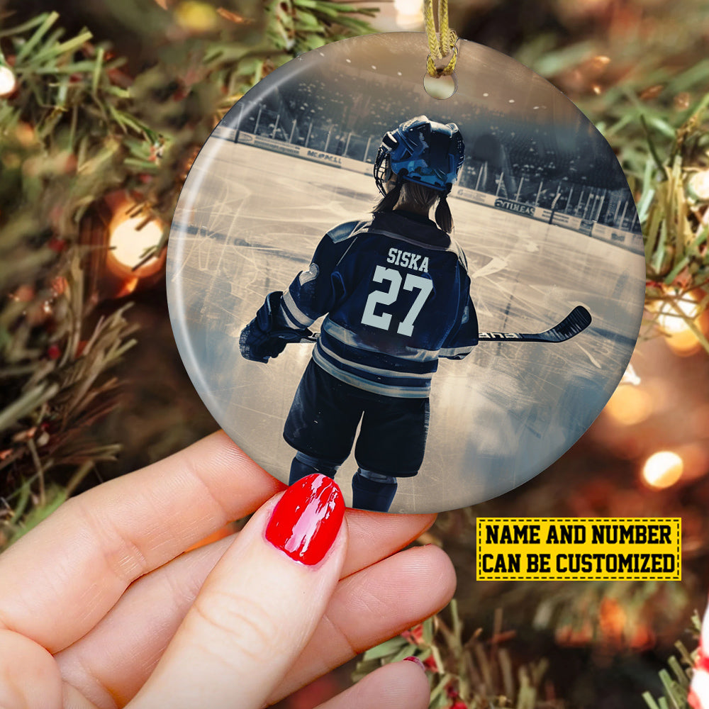 Personalized Hockey Girl Christmas Ornament, My Favorite, Xmas Circle Ceramic Ornament Gift For Hockey Lovers